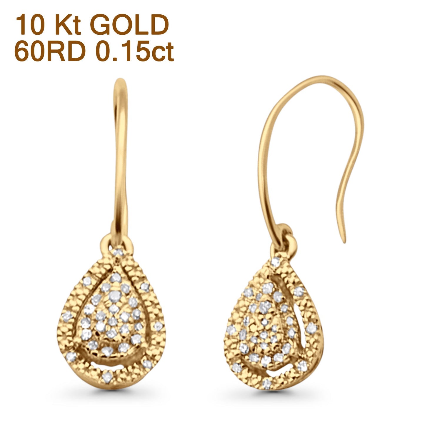 Solid 10K Yellow Gold 19mm Pear Shaped Teardrop Round Diamond Dangling Earrings Wholesale