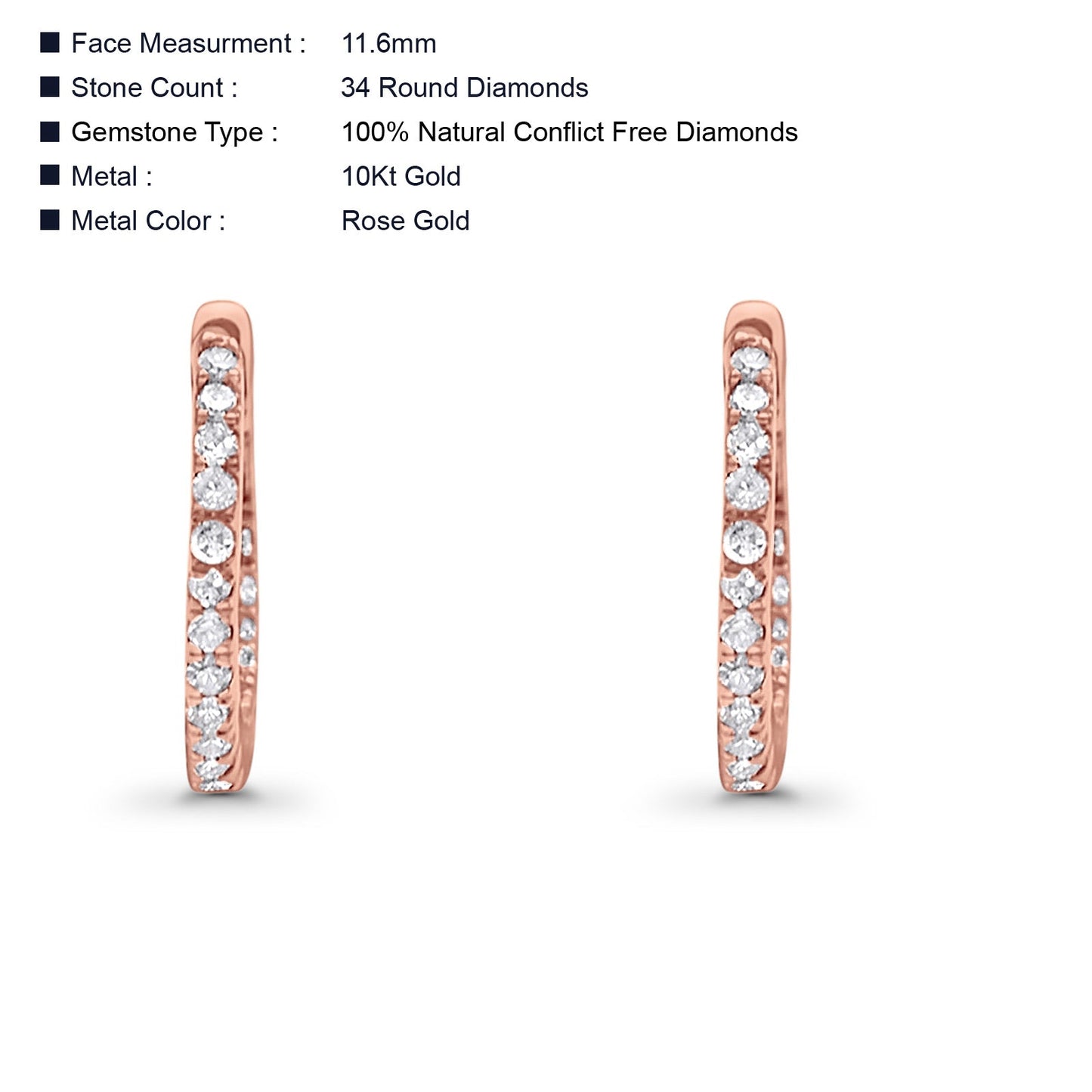 Solid 10K Rose Gold 11.6mm Round Diamond Huggie Hoop Earring Wholesale