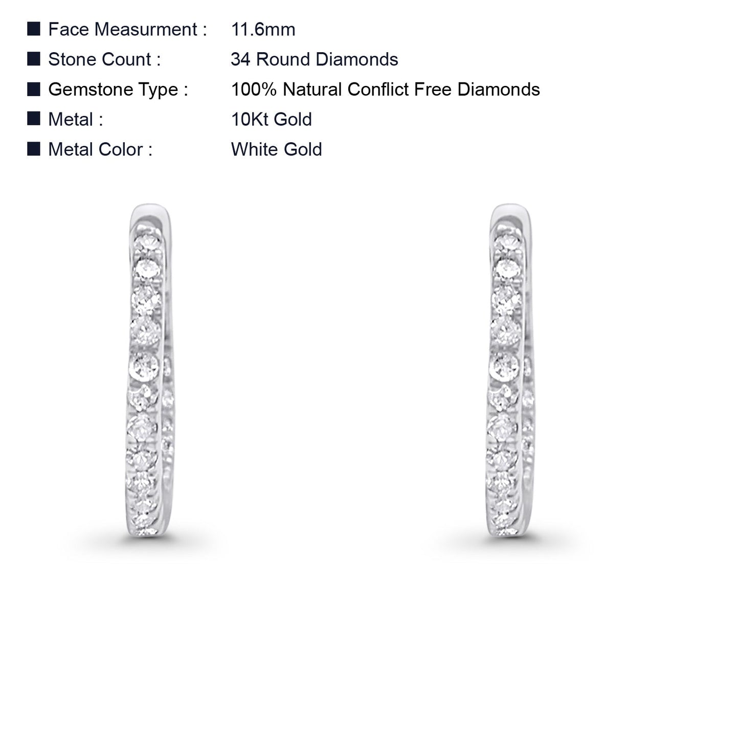 Solid 10K White Gold 11.6mm Round Diamond Huggie Hoop Earring Wholesale