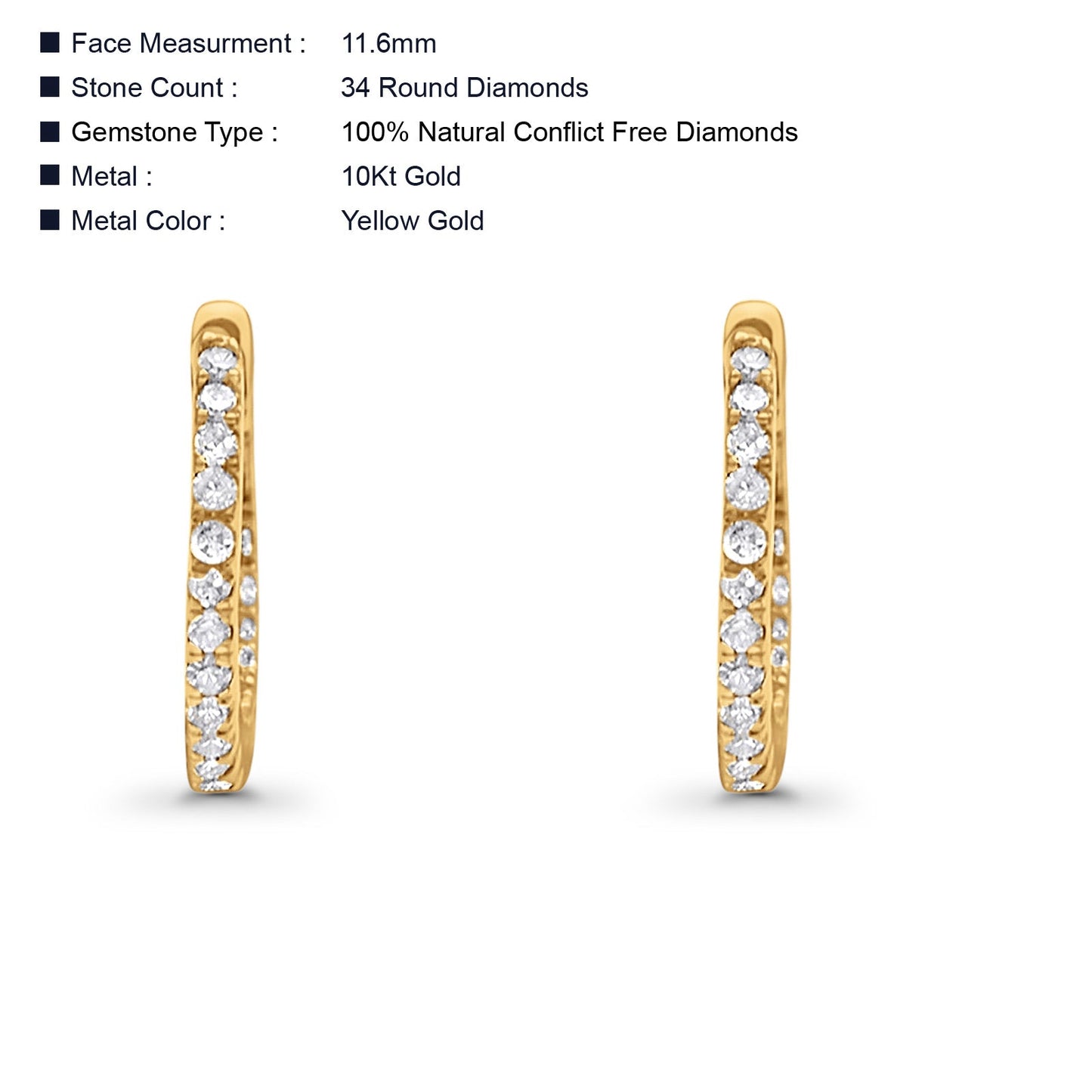 Solid 10K Yellow Gold 11.6mm Round Diamond Huggie Hoop Earring Wholesale