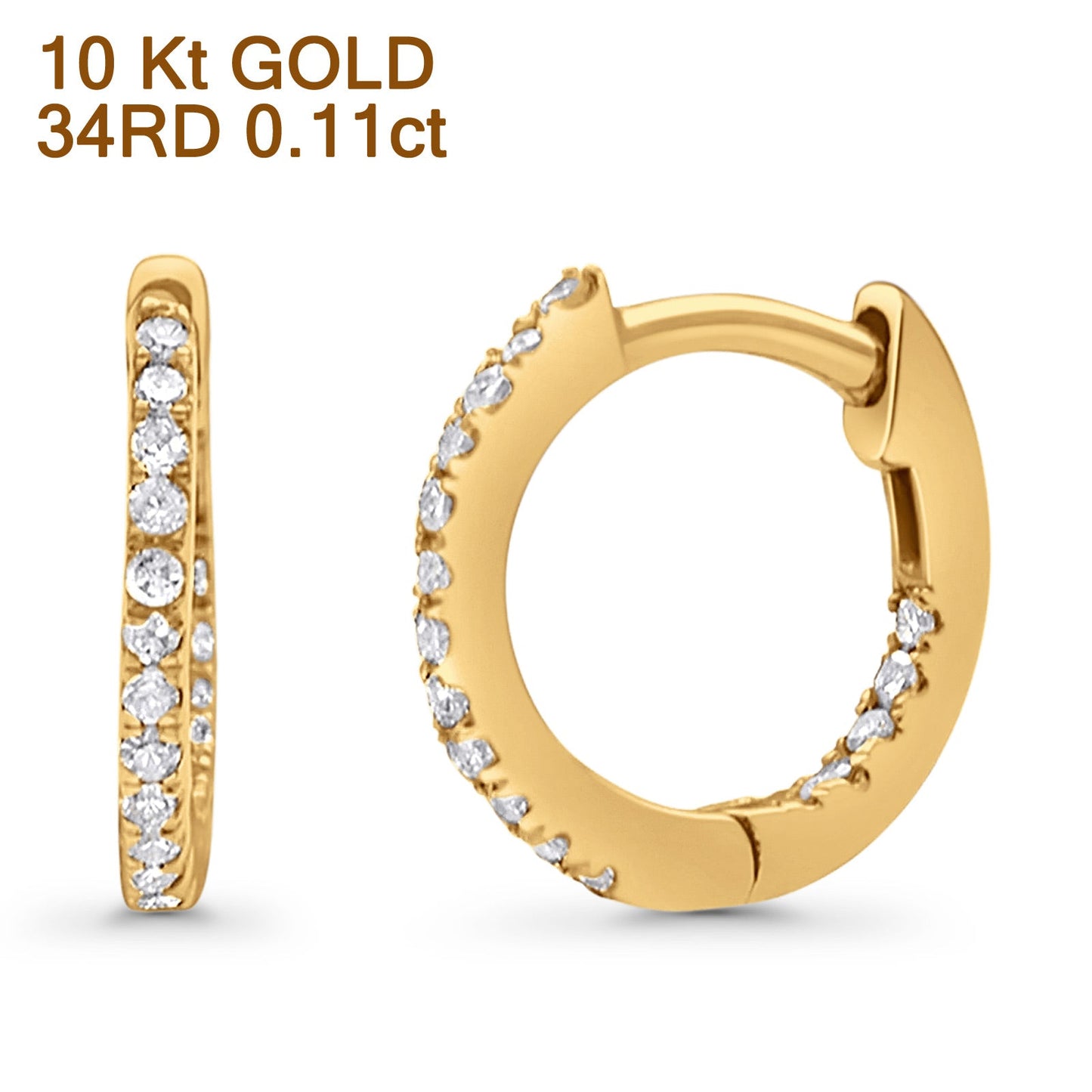 Solid 10K Yellow Gold 11.6mm Round Diamond Huggie Hoop Earring Wholesale