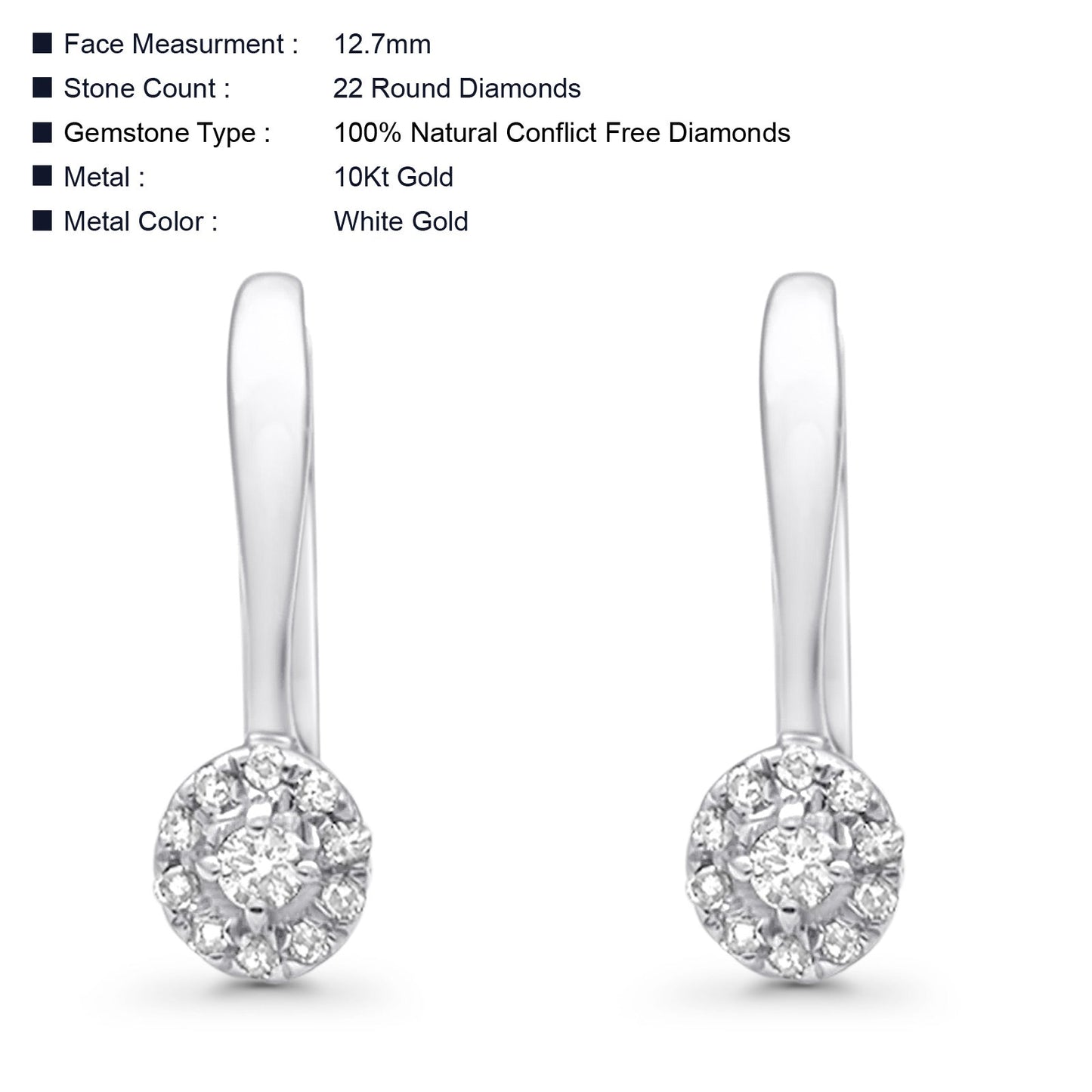 Solid 10K White Gold 12.7mm Halo Wedding Hoop Round Diamond Leverback Earrings Wholesale