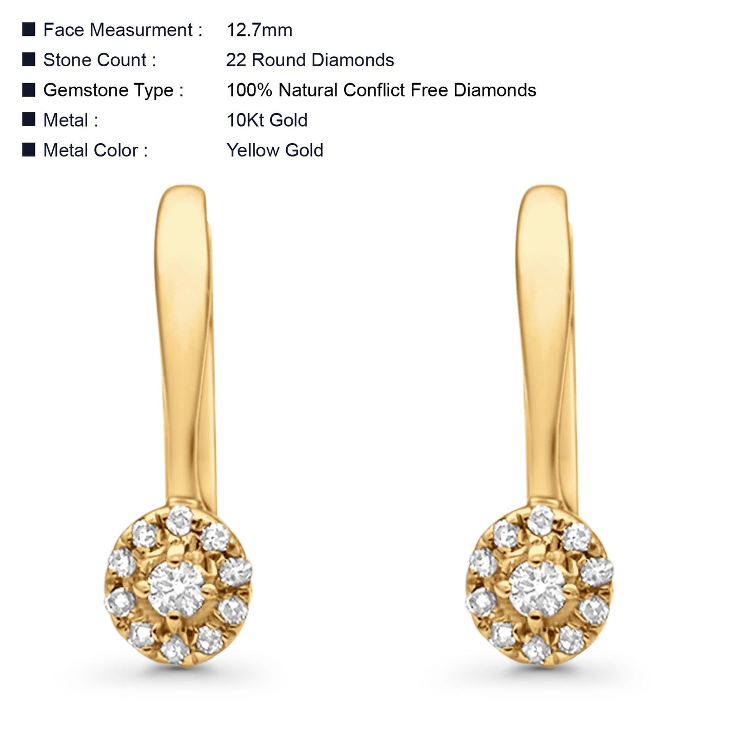 Solid 10K Yellow Gold 12.7mm Halo Wedding Hoop Round Diamond Leverback Earrings Wholesale