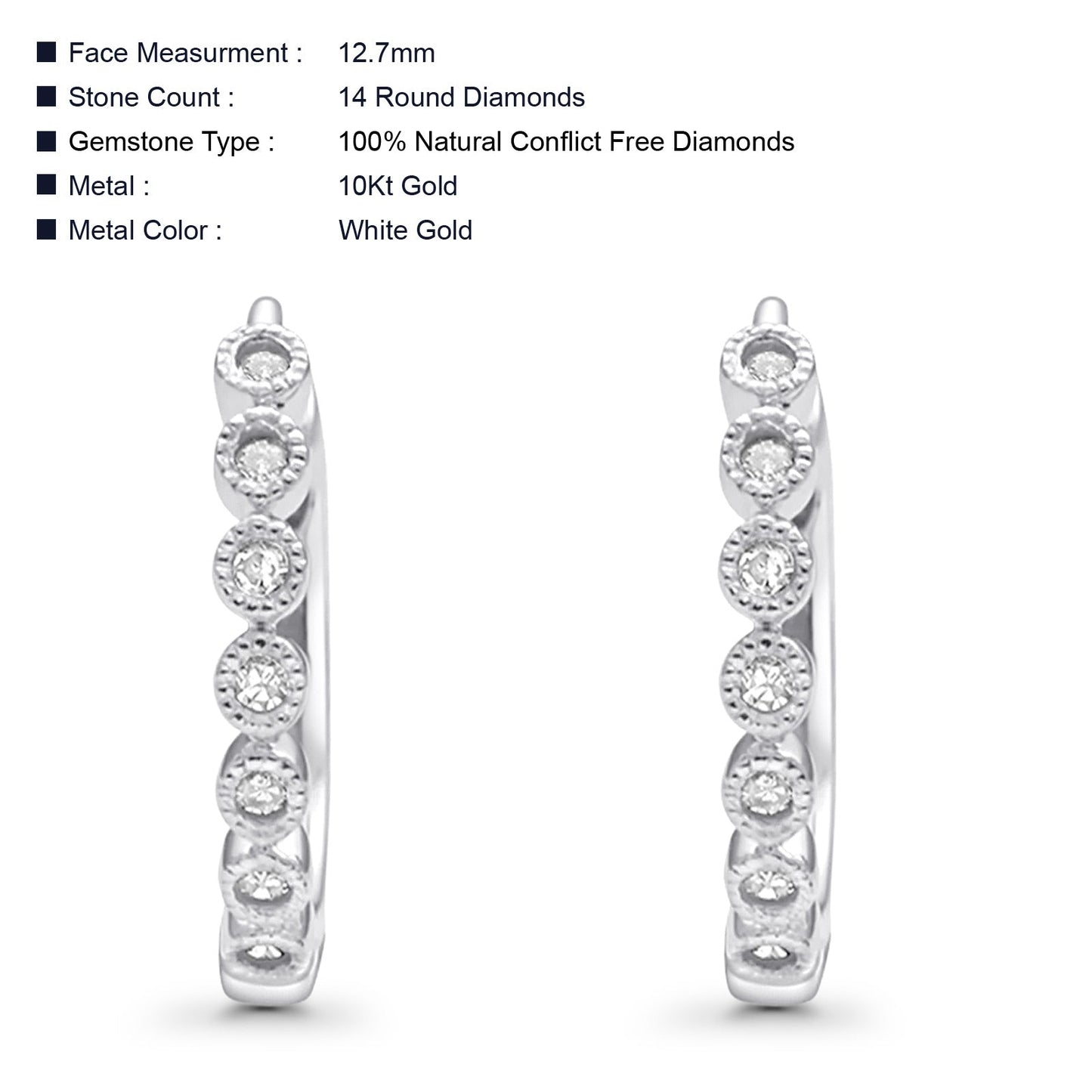 Solid 10K White Gold 12.7mm Round Diamond Huggie Hoop Earrings Wholesale