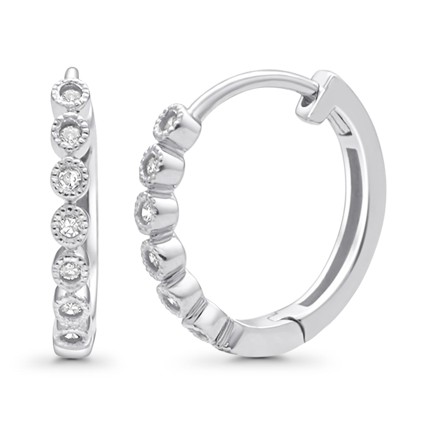 Solid 10K White Gold 12.7mm Round Diamond Huggie Hoop Earrings Wholesale