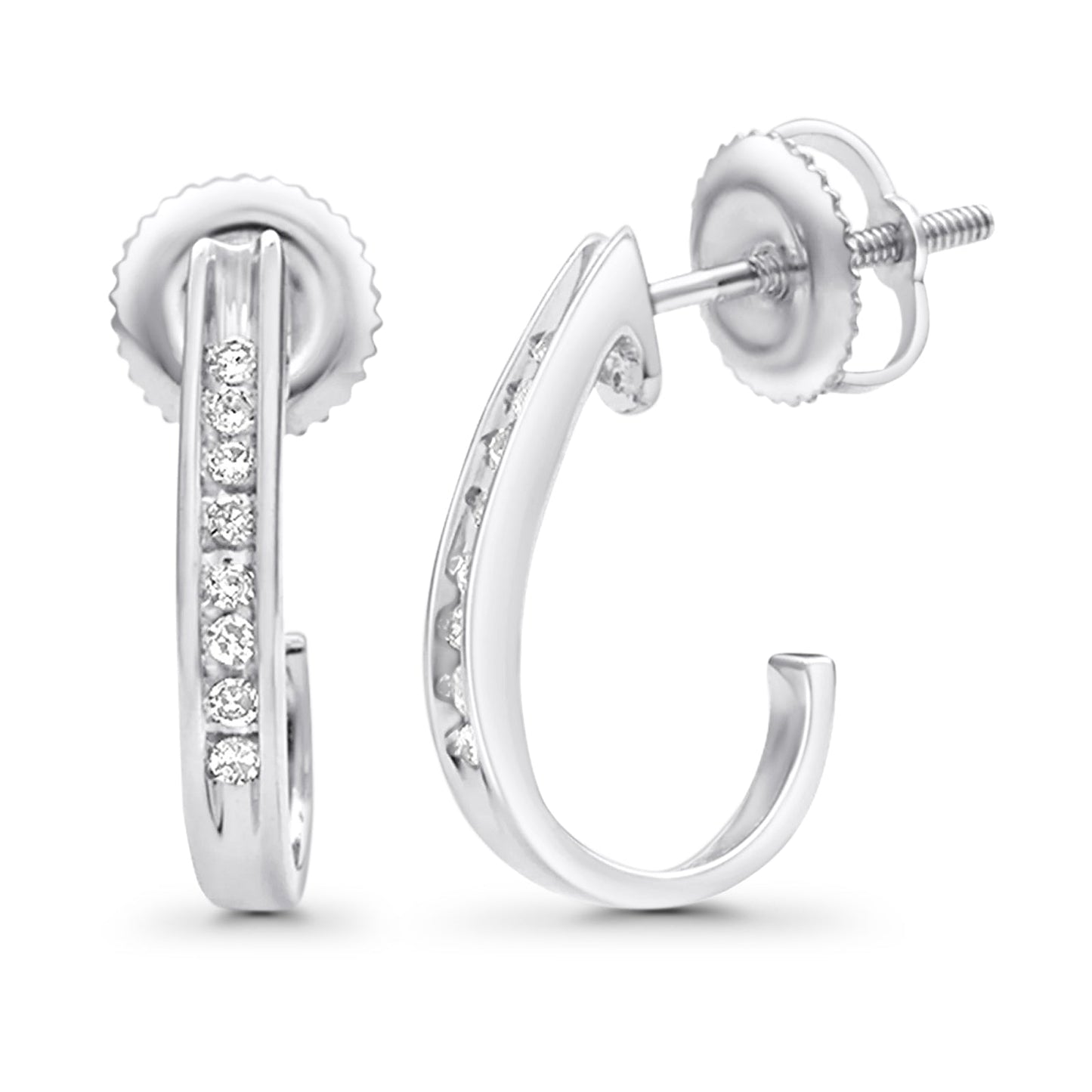 Solid 10K White Gold 12.7mm J Shape Round Diamond Hoop Earrings Wholesale