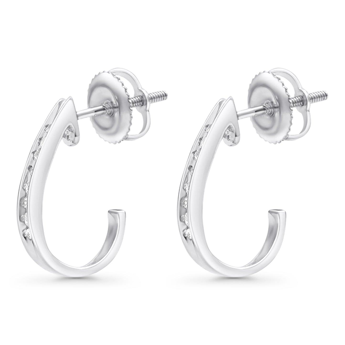 Solid 10K White Gold 12.7mm J Shape Round Diamond Hoop Earrings Wholesale