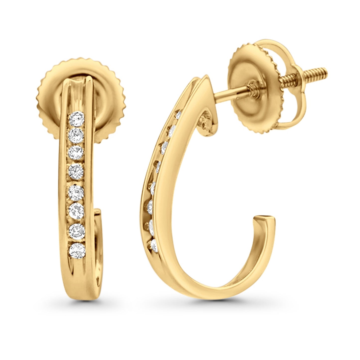 Solid 10K Yellow Gold 12.7mm J Shape Round Diamond Hoop Earrings Wholesale