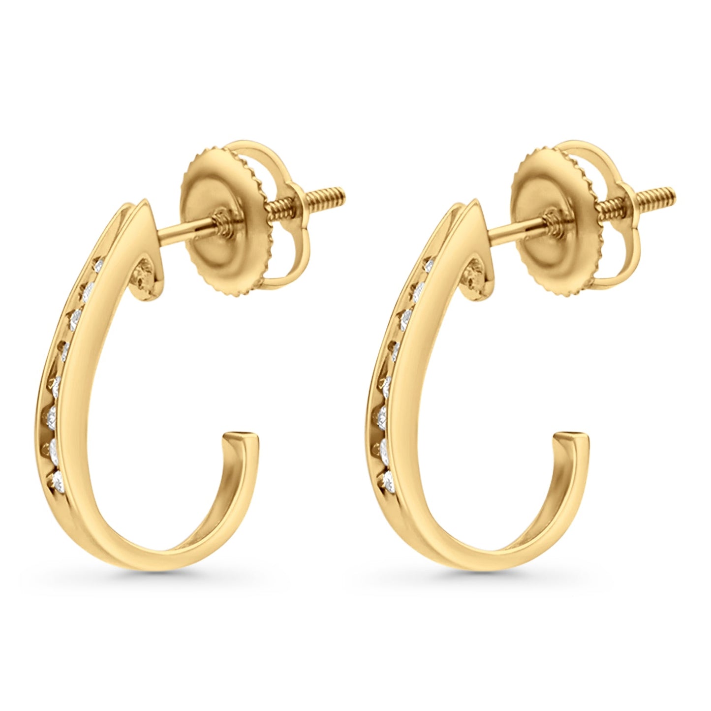 Solid 10K Yellow Gold 12.7mm J Shape Round Diamond Hoop Earrings Wholesale