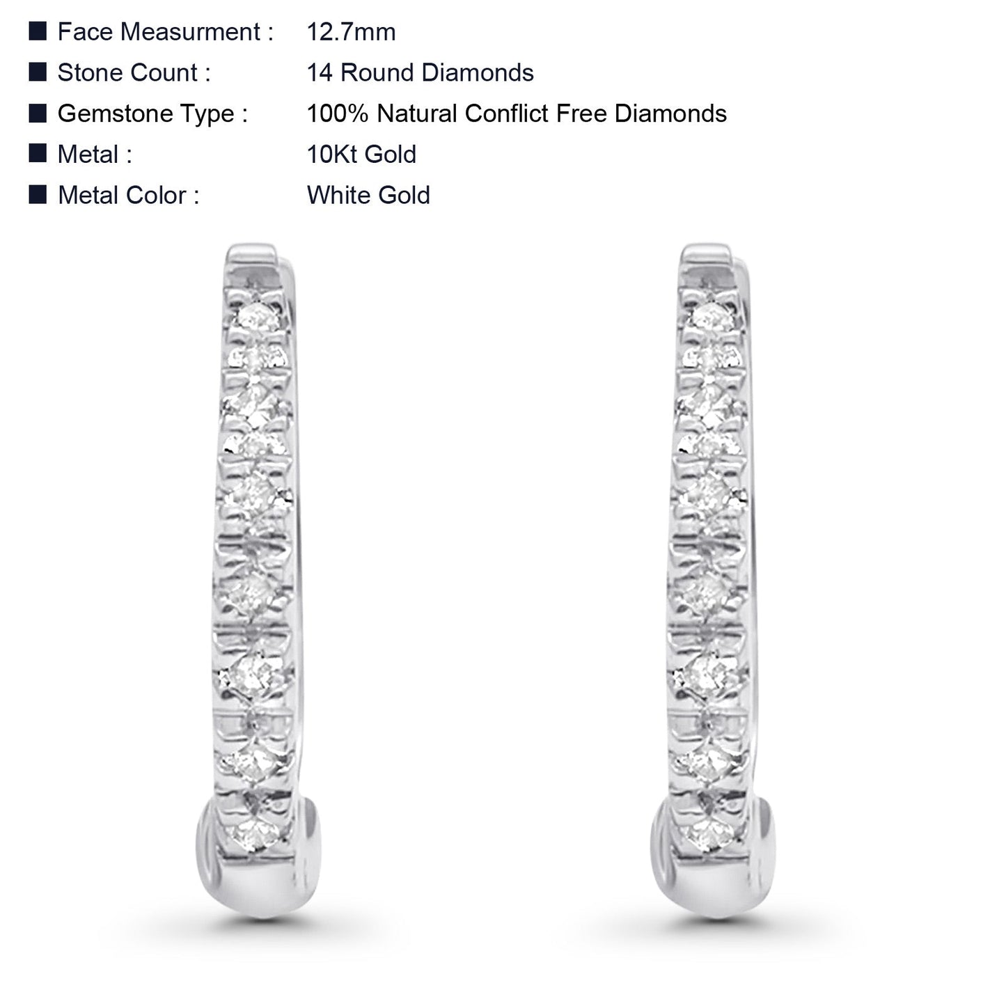 Solid 10K White Gold 12.7mm Round Hinged Natural Diamond Huggie Hoop Earrings Wholesale