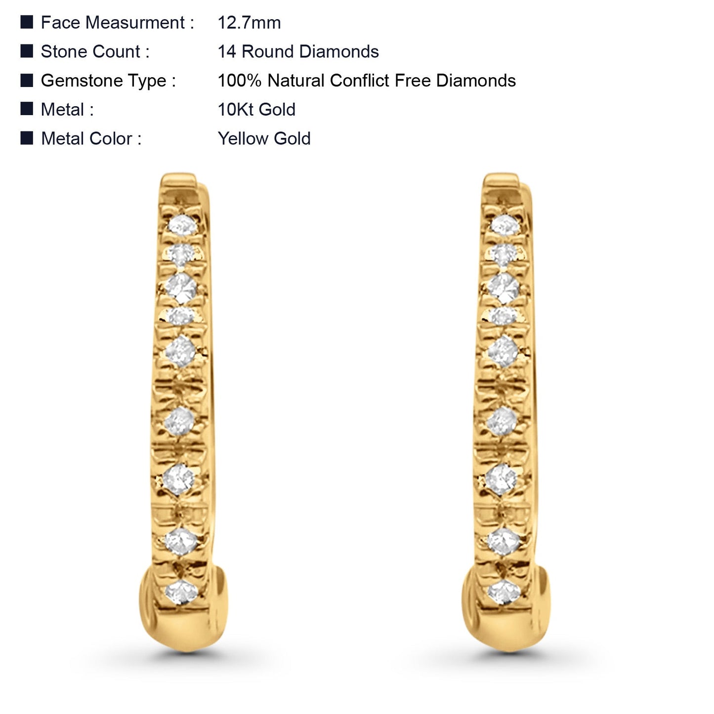 Solid 10K Yellow Gold 12.7mm Round Hinged Natural Diamond Huggie Hoop Earrings Wholesale