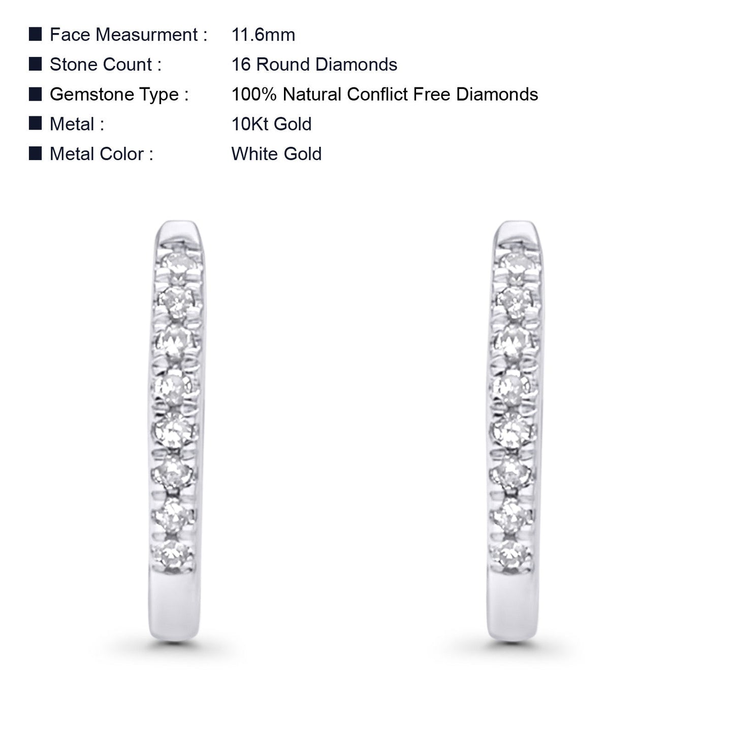 Solid 10K White Gold 11.6mm U Shaped Diamond Huggie Hoop Earrings Wholesale