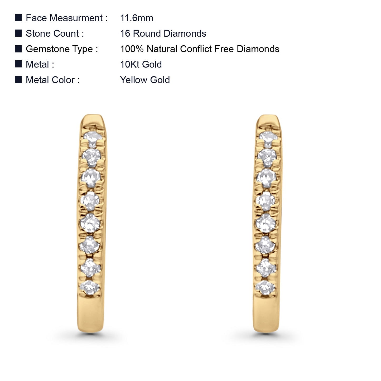 Solid 10K Yellow Gold 11.6mm U Shaped Diamond Huggie Hoop Earrings Wholesale