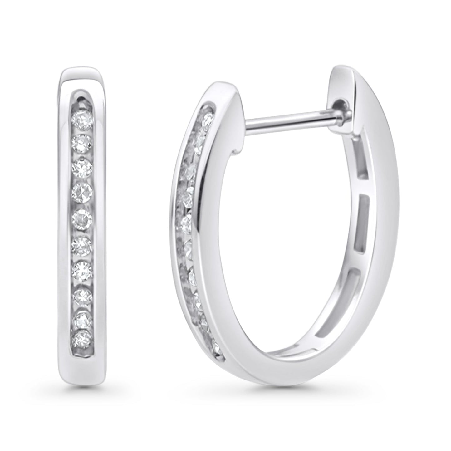 Solid 10K White Gold 12.7mm Channel Set Diamond Huggie Hoop Earrings Wholesale