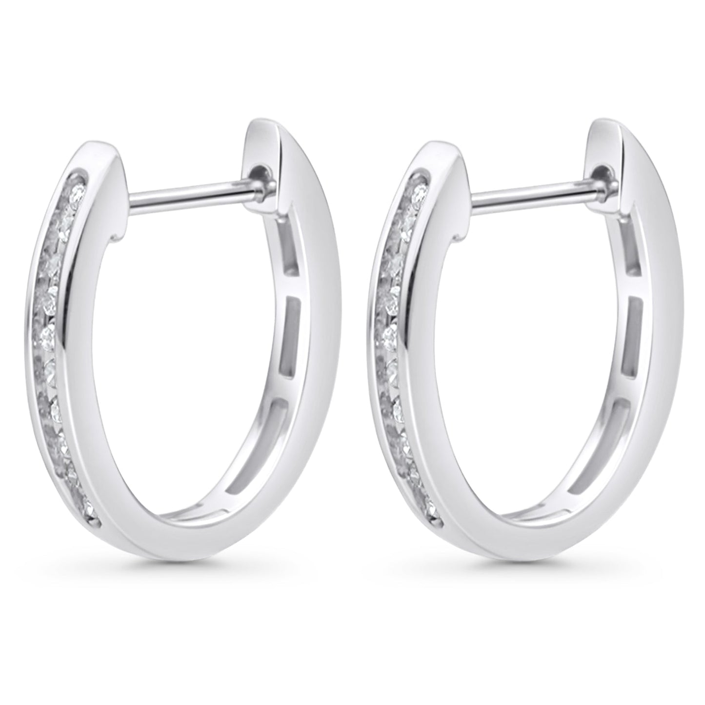 Solid 10K White Gold 12.7mm Channel Set Diamond Huggie Hoop Earrings Wholesale