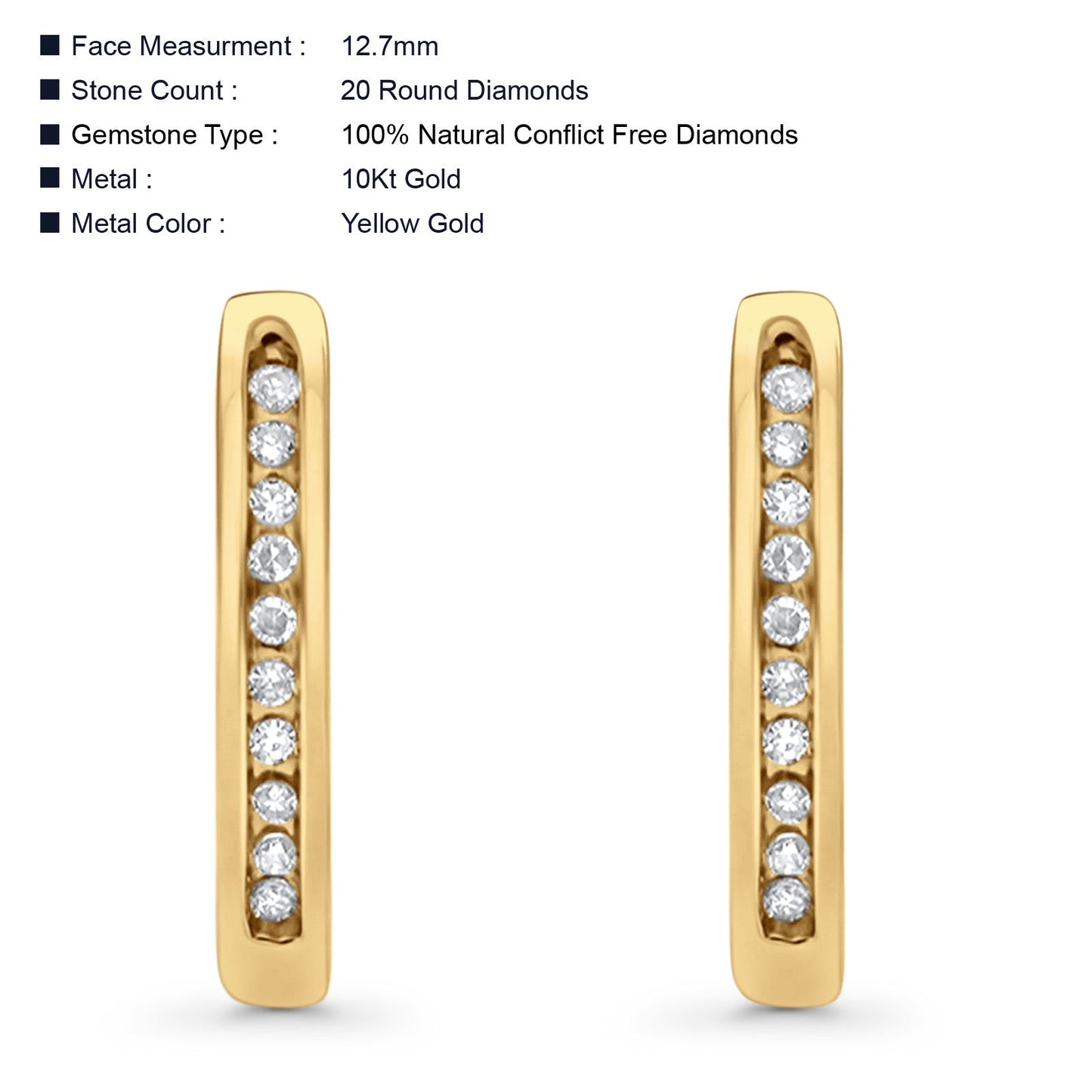 Solid 10K Yellow Gold 12.7mm Channel Set Diamond Huggie Hoop Earrings Wholesale