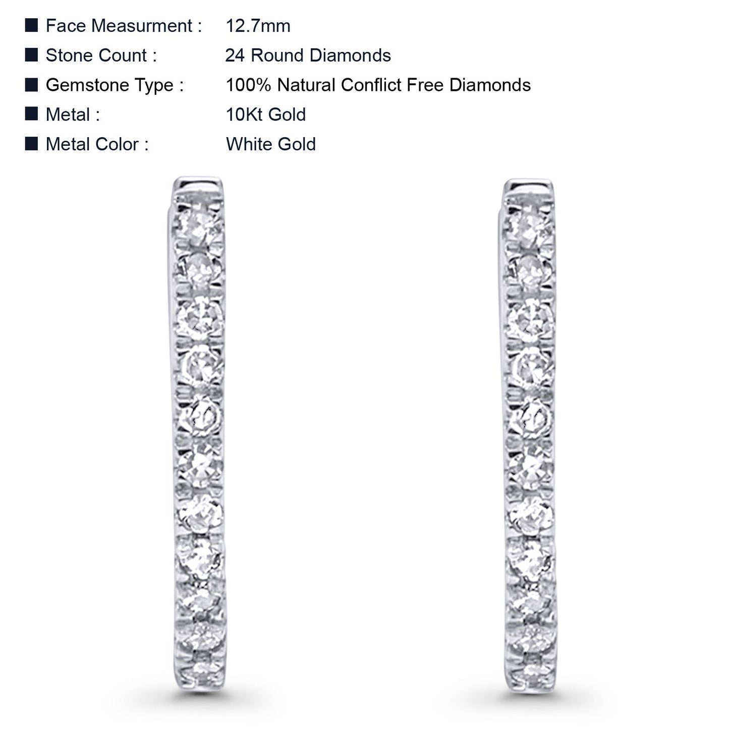 Solid 10K White Gold 12.7mm Round Diamond Hoop Earrings Wholesale