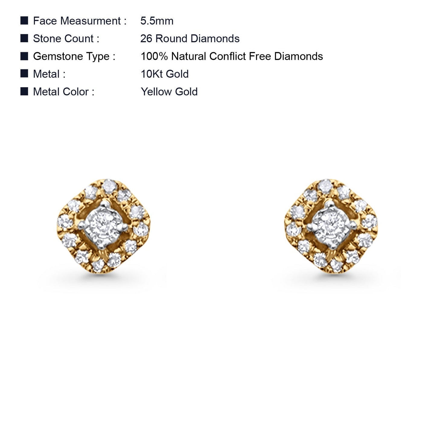 Solid 10K Yellow Gold 5.5mm Halo Fashion Round Hip Hop Diamond Stud Earring Wholesale