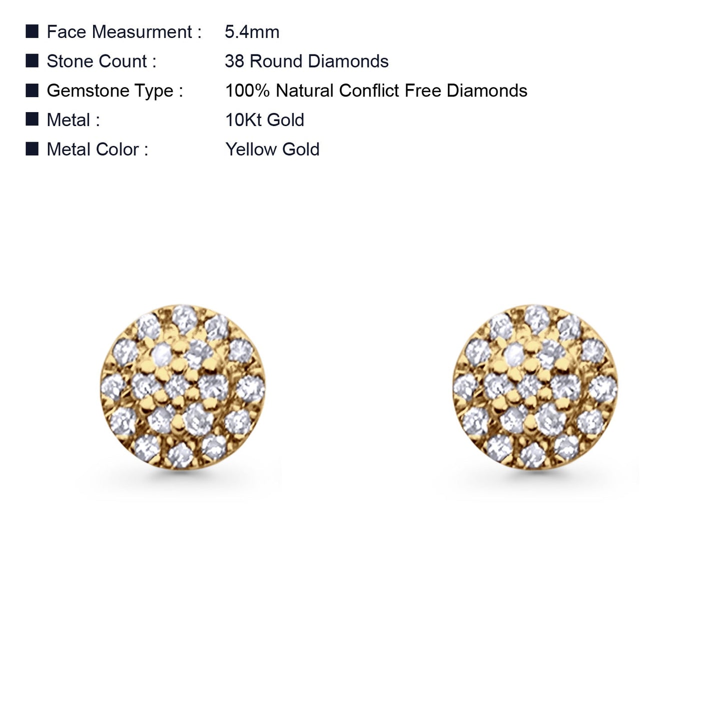 Solid 10K Yellow Gold 5.4mm Round Fashion Diamond Stud Earring Wholesale