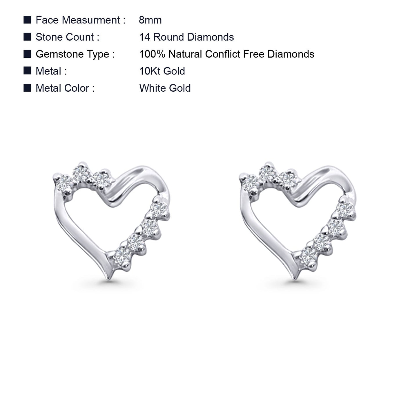 Solid 10K White Gold 8mm Unique Heart Shape Round Diamond Stud Earring Wholesale