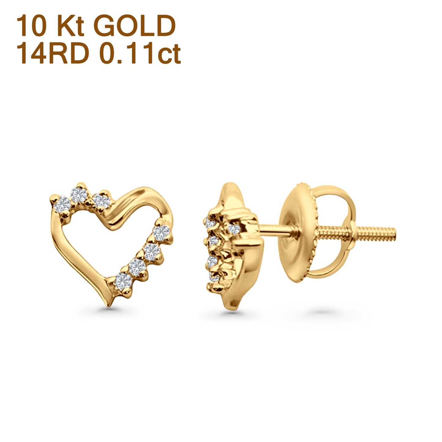 Solid 10K Yellow Gold 8mm Unique Heart Shape Round Diamond Stud Earring Wholesale