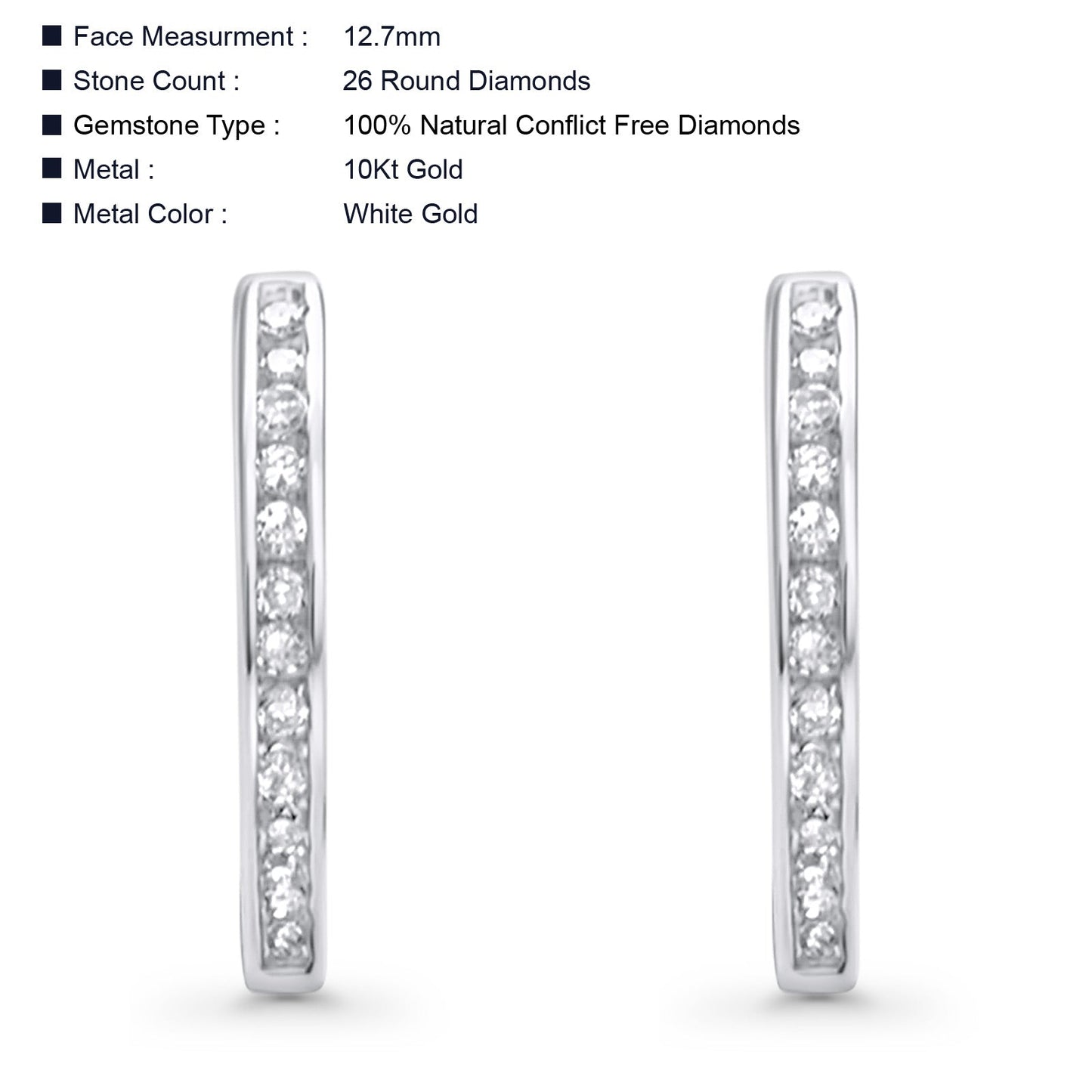 Solid 10K White Gold 12.7mm Channel Set Natural Diamond Huggie Hoop Earrings Wholesale