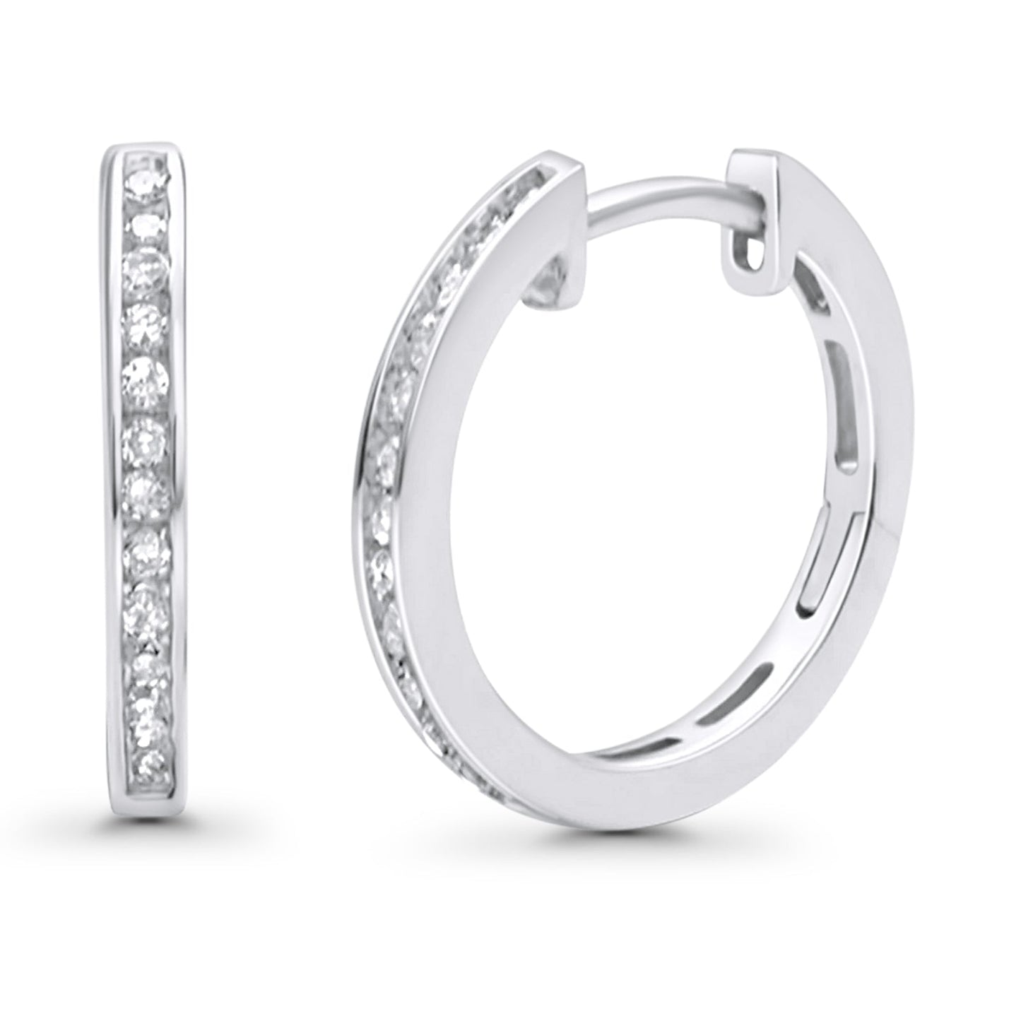 Solid 10K White Gold 12.7mm Channel Set Natural Diamond Huggie Hoop Earrings Wholesale