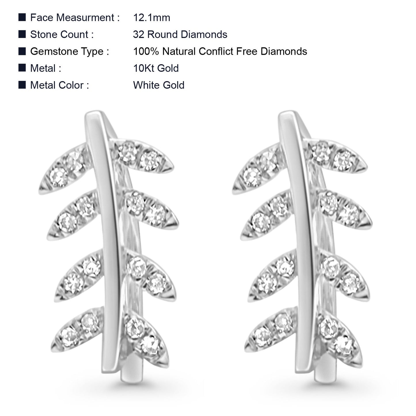 Solid 10K White Gold 12.1mm Leaf Crawler Diamond Hoop Earrings Wholesale