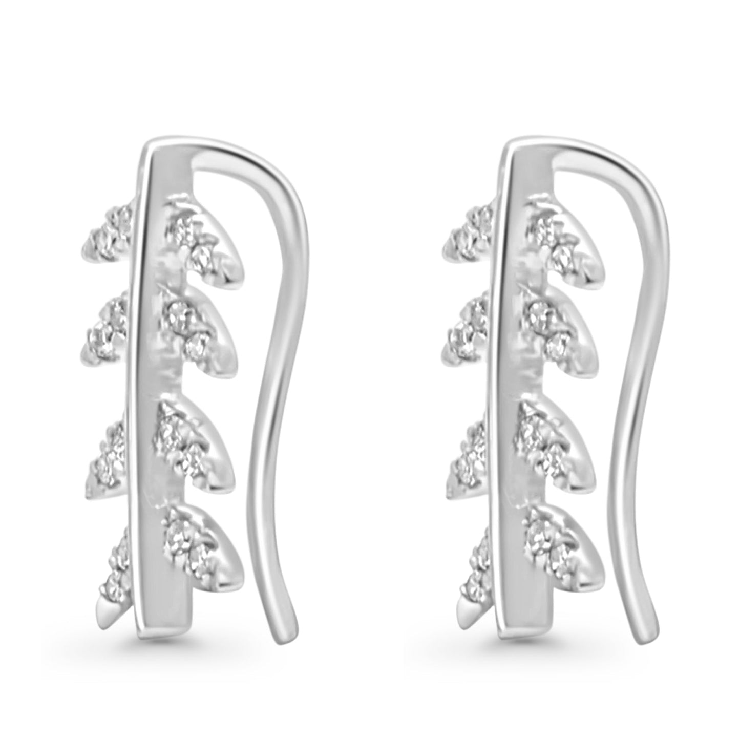 Solid 10K White Gold 12.1mm Leaf Crawler Diamond Hoop Earrings Wholesale