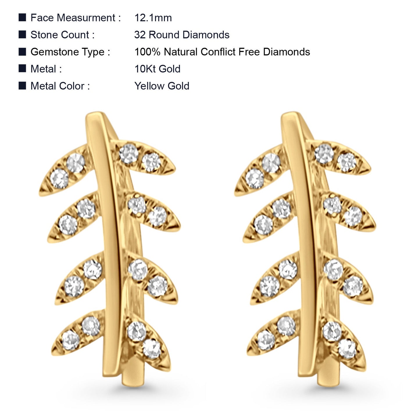 Solid 10K Yellow Gold 12.1mm Leaf Crawler Diamond Hoop Earrings Wholesale