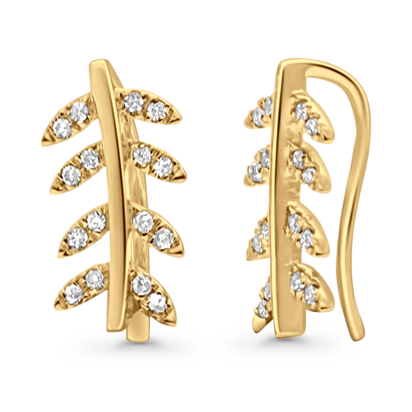 Solid 10K Yellow Gold 12.1mm Leaf Crawler Diamond Hoop Earrings Wholesale