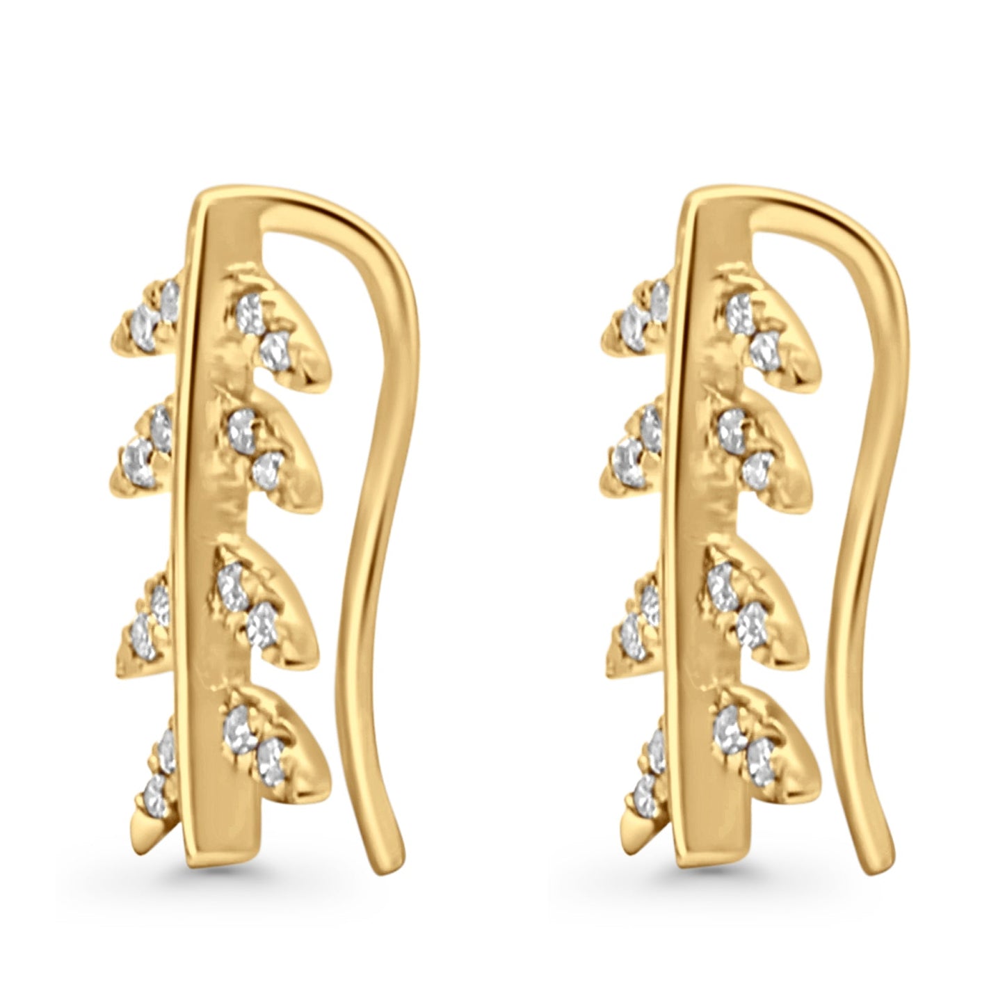 Solid 10K Yellow Gold 12.1mm Leaf Crawler Diamond Hoop Earrings Wholesale