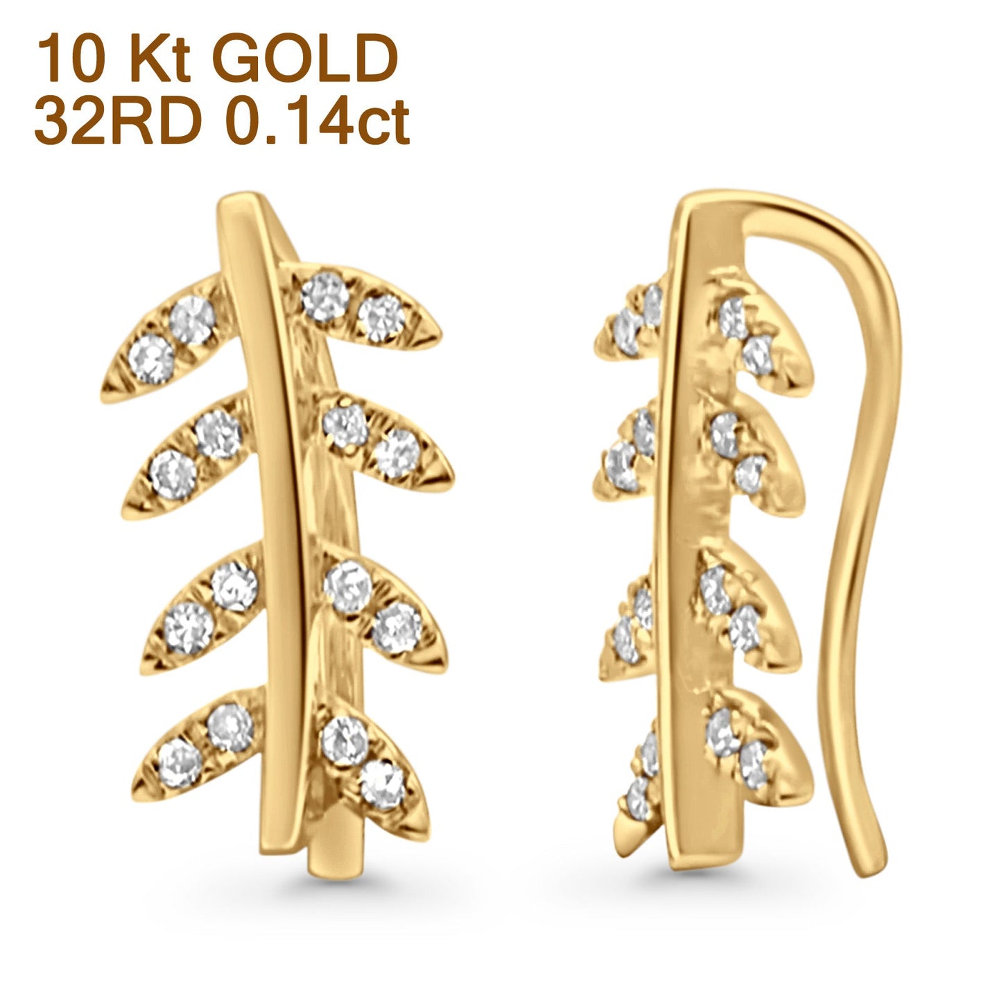 Solid 10K Yellow Gold 12.1mm Leaf Crawler Diamond Hoop Earrings Wholesale