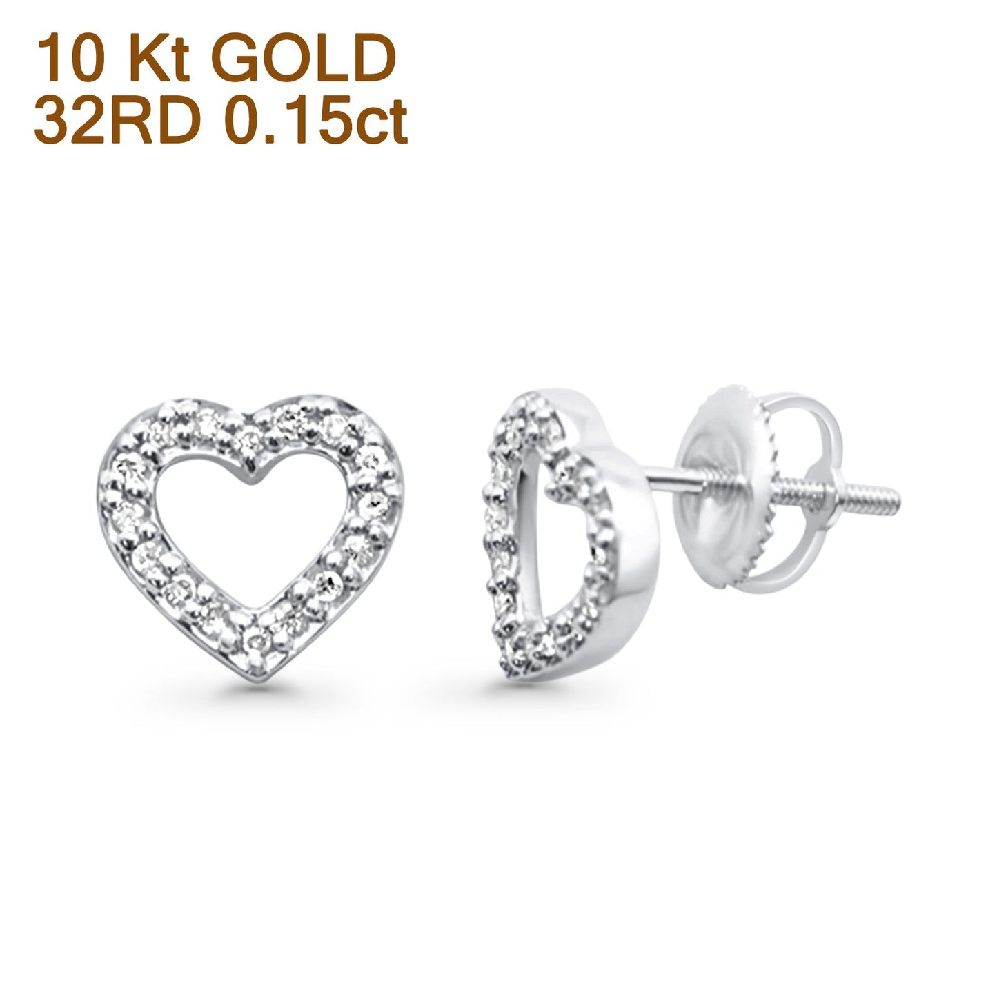 Solid 10K White Gold 9.5mm Open Heart Natural Diamond Stud Earring Wholesale