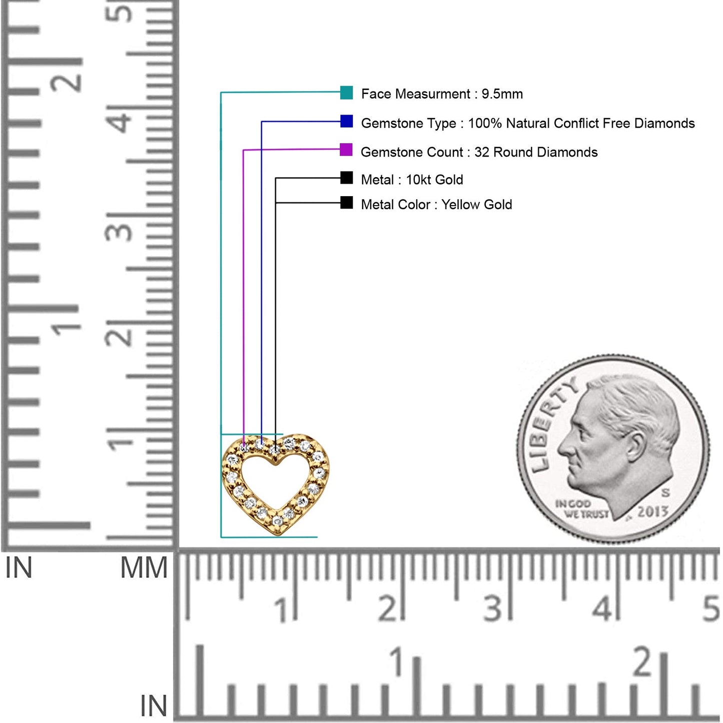 Solid 10K Yellow Gold 9.5mm Open Heart Natural Diamond Stud Earring Wholesale