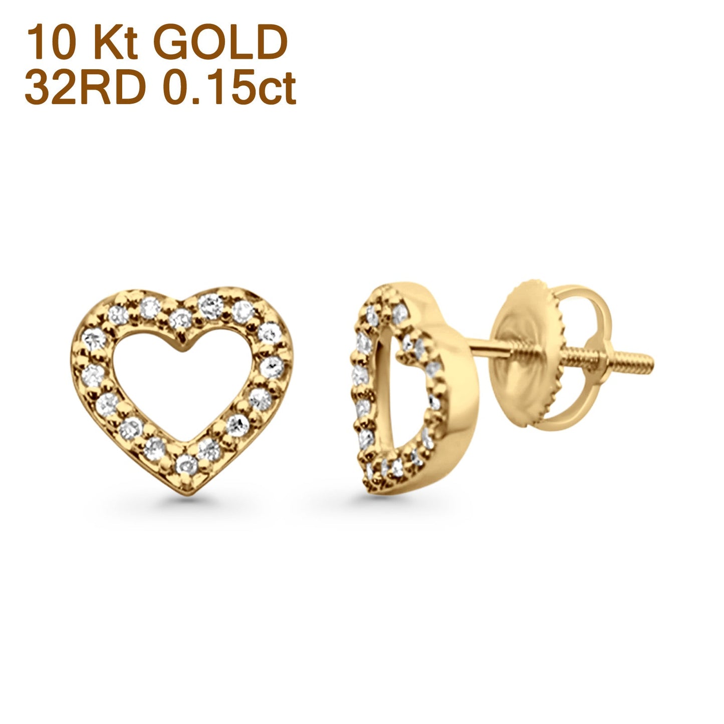 Solid 10K Yellow Gold 9.5mm Open Heart Natural Diamond Stud Earring Wholesale