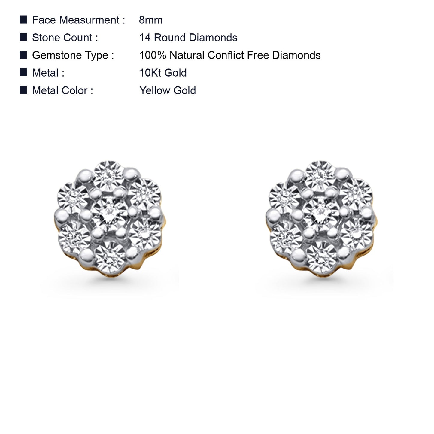 Solid 10K Yellow Gold 8mm Elegant Flower Cluster Round Diamond Stud Earrings Wholesale