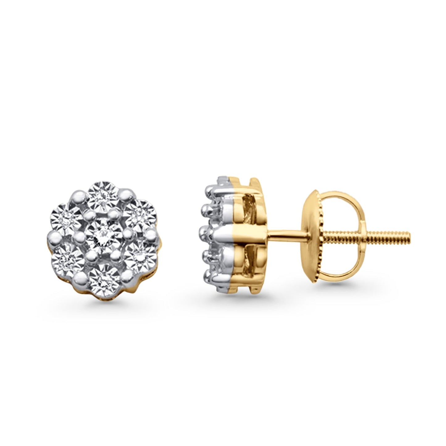 Solid 10K Yellow Gold 8mm Elegant Flower Cluster Round Diamond Stud Earrings Wholesale