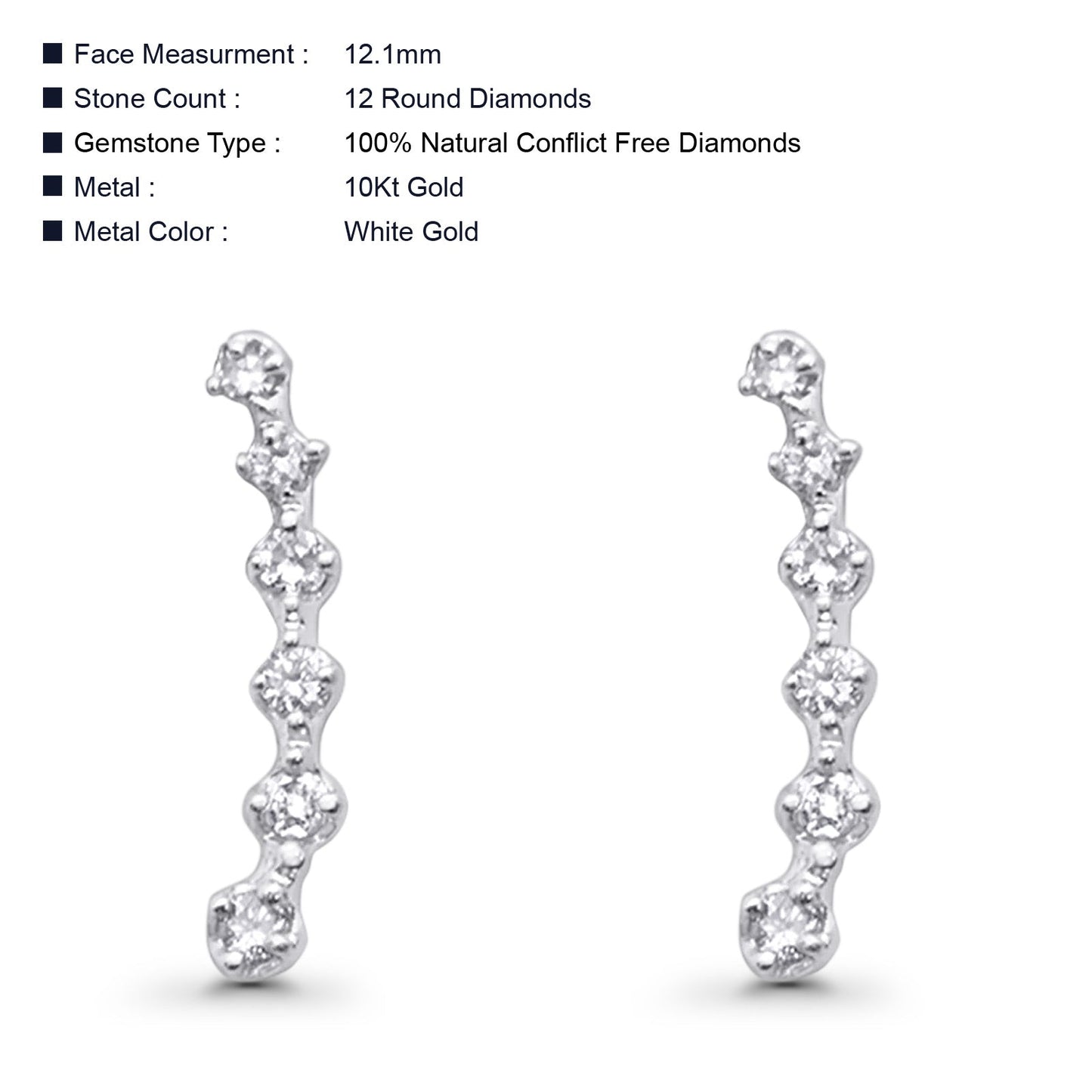 Solid 10K White Gold 12.1mm Cascade Crawler Diamond Huggie Stud Earring Wholesale