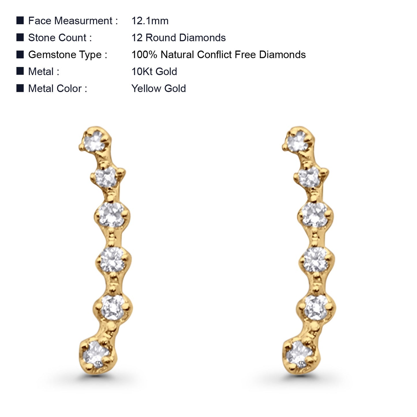 Solid 10K Yellow Gold 12.1mm Cascade Crawler Diamond Huggie Stud Earring Wholesale