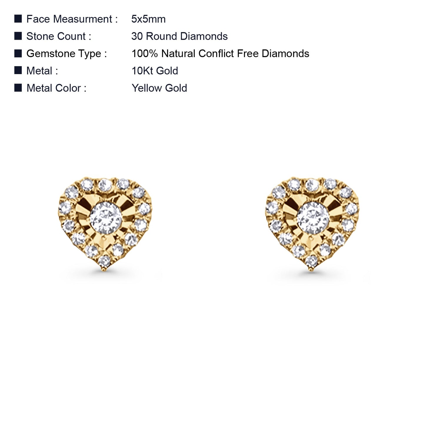 Diamond Heart Stud Earrings Halo Round 10K Yellow Gold 5mm Wholesale