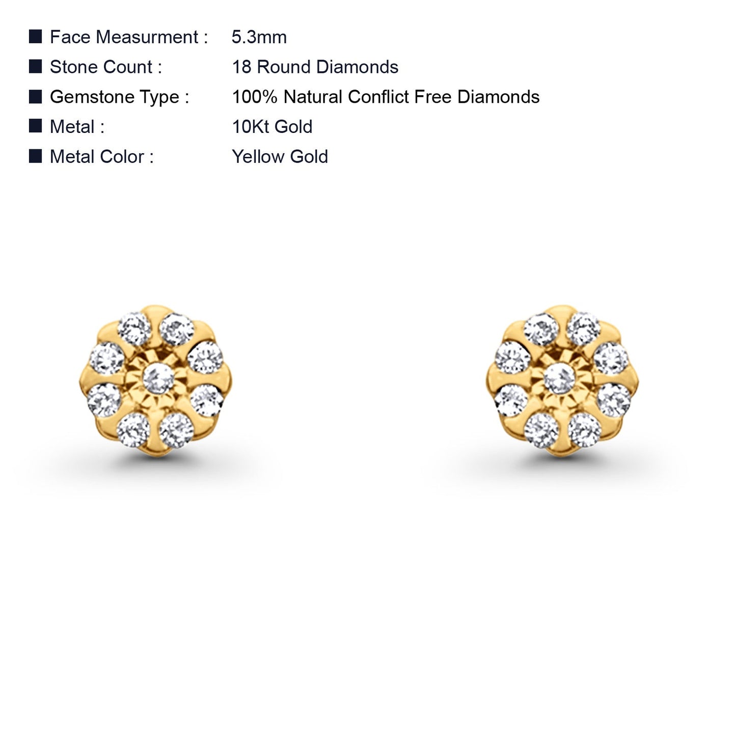 Solid 10K Yellow Gold 5.3mm Round Cluster Diamond Stud Earrings Wholesale