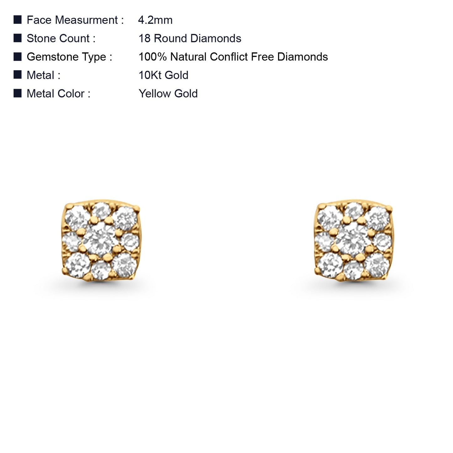 Solid 10K Yellow Gold 4.2mm Elegant Cluster Square Diamond Stud Earrings Wholesale