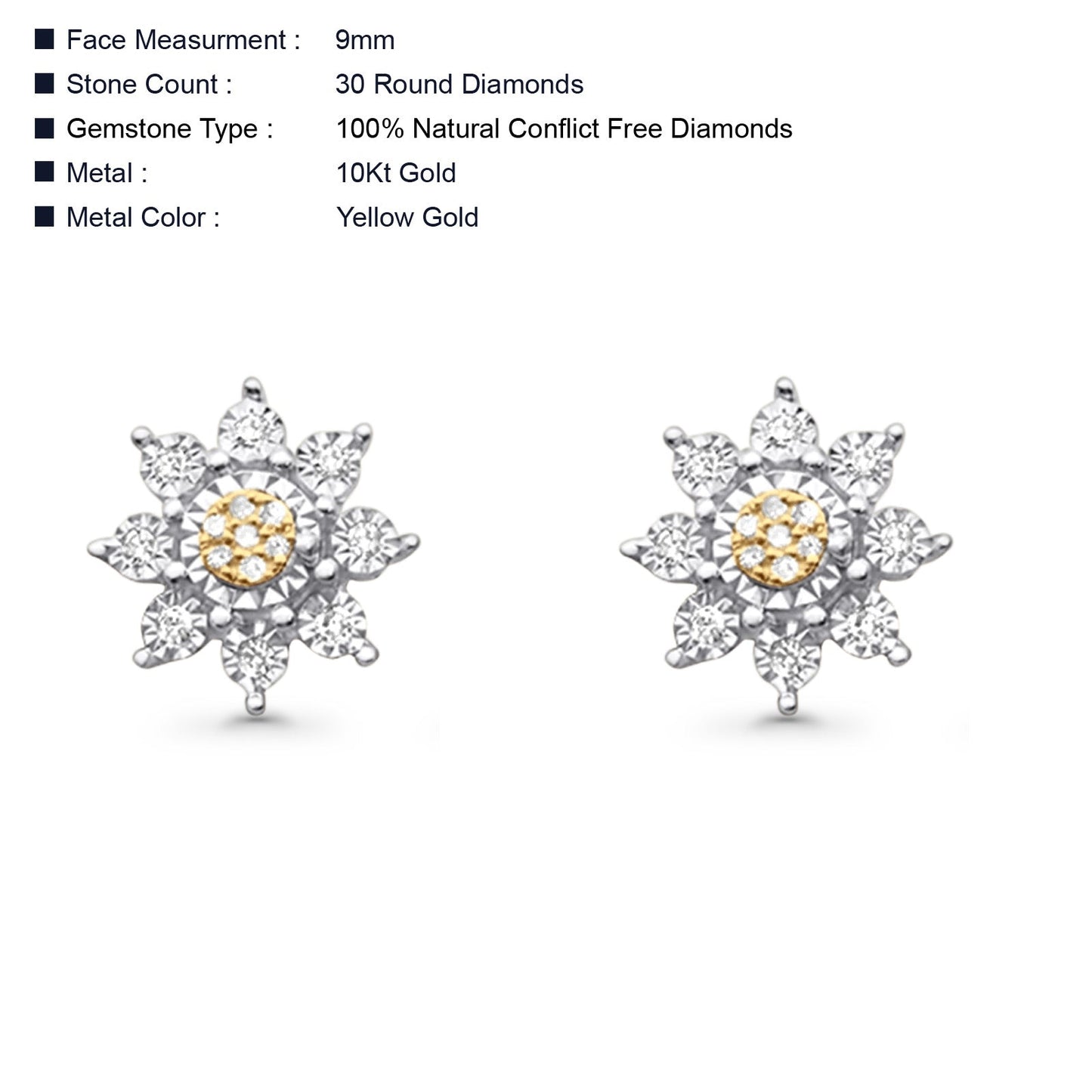 Solid 10K Two Tone Gold 9mm Enchanting Bloom Flower Diamond Stud Earrings Wholesale