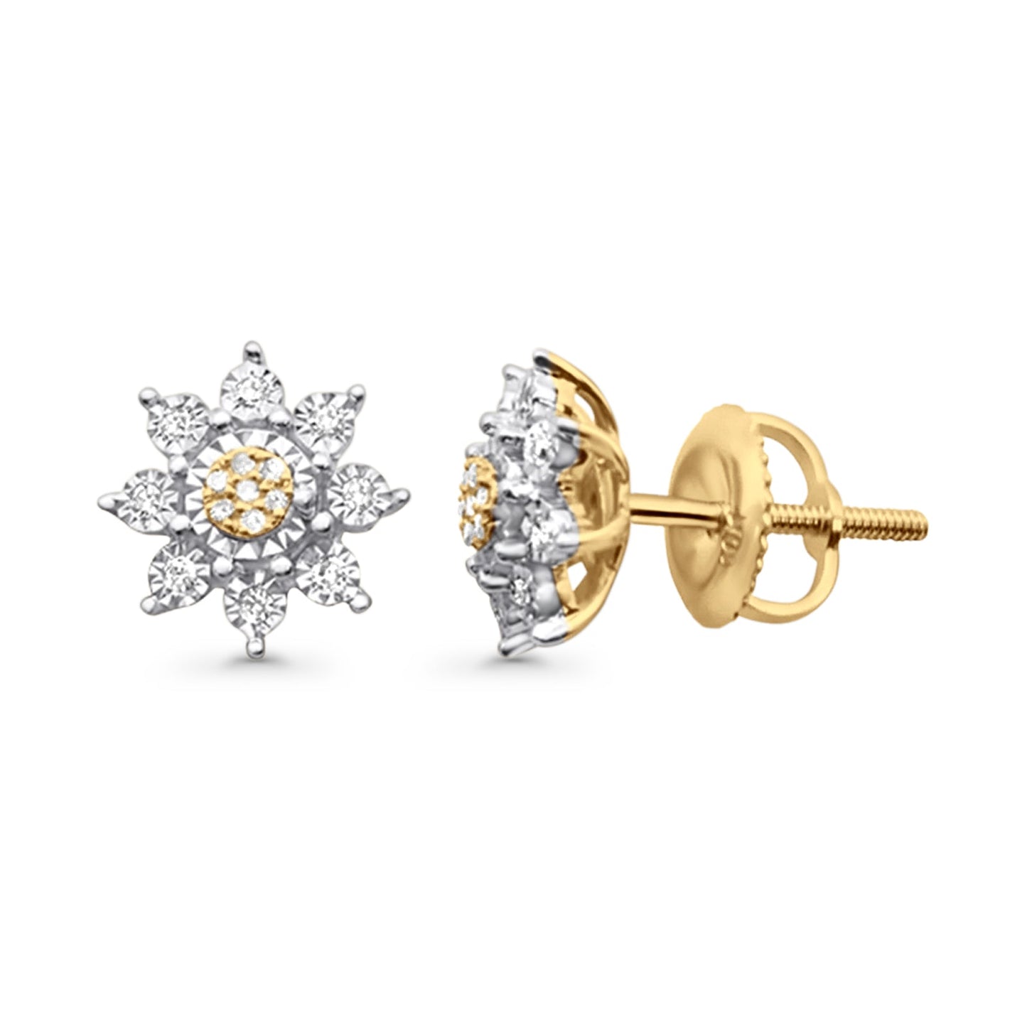 Solid 10K Two Tone Gold 9mm Enchanting Bloom Flower Diamond Stud Earrings Wholesale