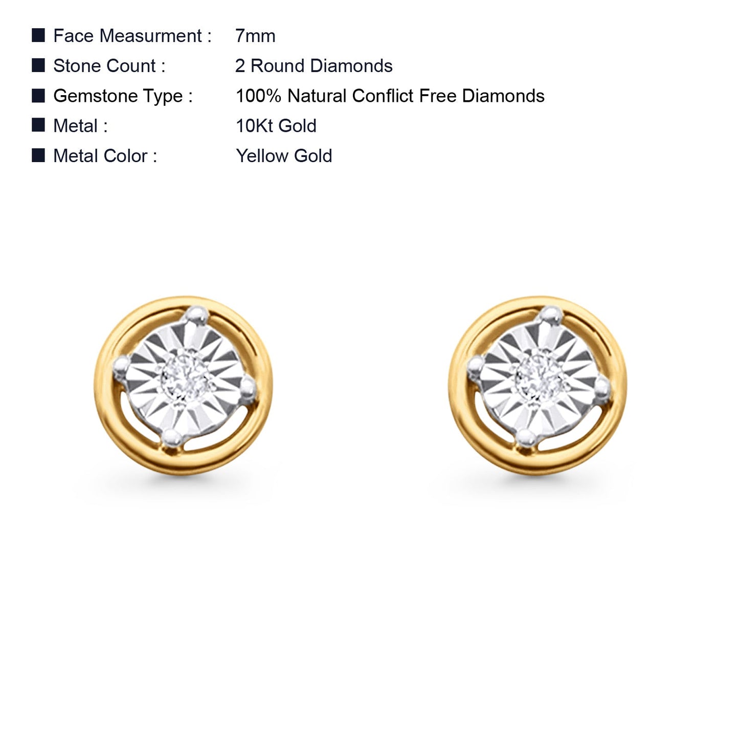 Solid 10K Two Tone Gold 7mm Solitaire Round Diamond Stud Earrings Wholesale