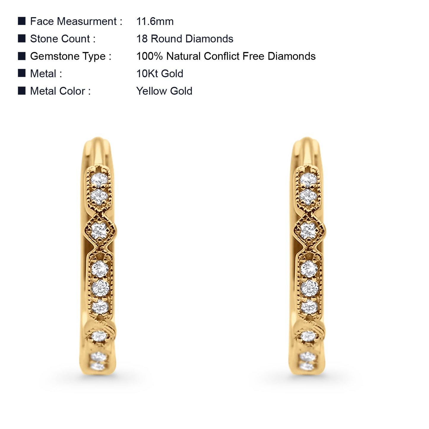 Solid 10K Yellow Gold 11.6mm Round Hinged Diamond Huggie Hoop Earrings Wholesale