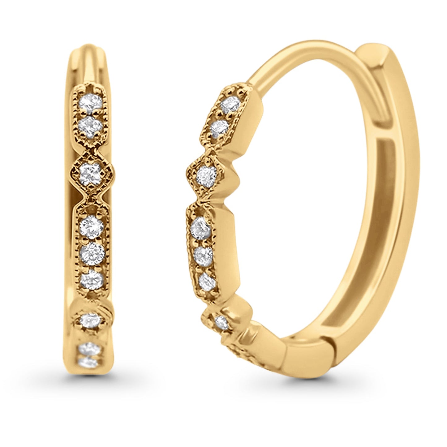 Solid 10K Yellow Gold 11.6mm Round Hinged Diamond Huggie Hoop Earrings Wholesale