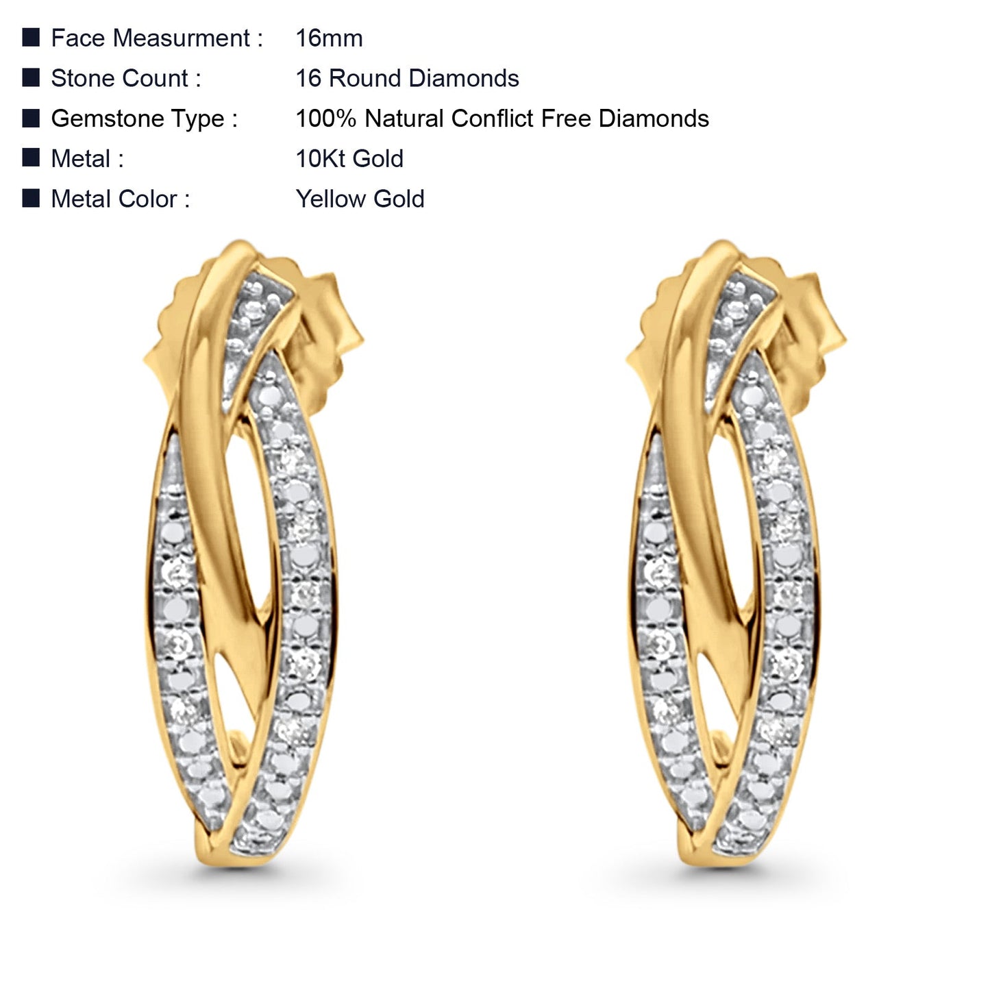 Solid 10K Yellow Gold 16mm Crossover J Shaped Diamond Drop Hoop Earrings Wholesale