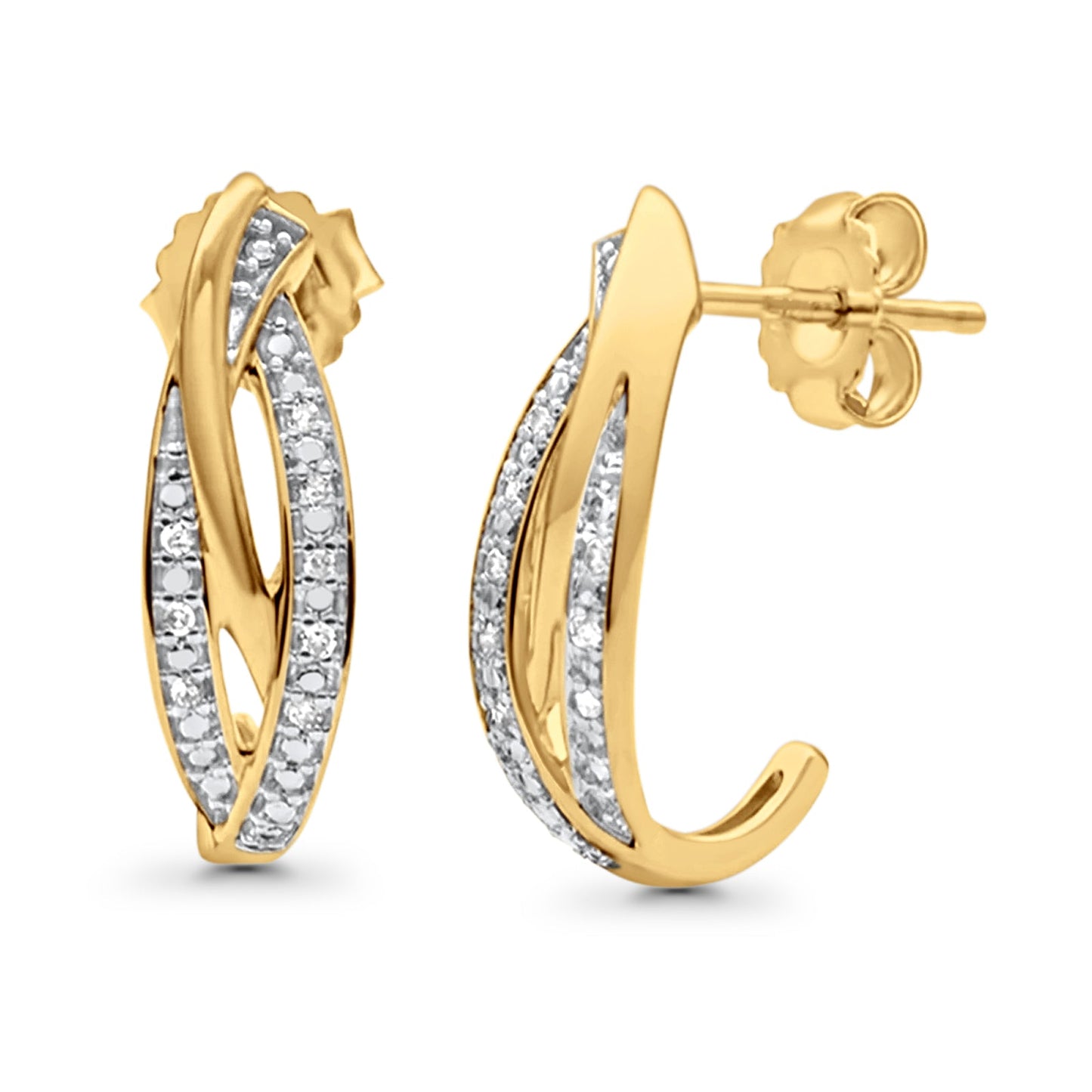 Solid 10K Yellow Gold 16mm Crossover J Shaped Diamond Drop Hoop Earrings Wholesale